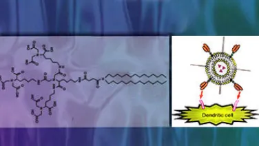 An image showing a chemical structure on a blue background next to a colorful illustration of a dendritic cell.